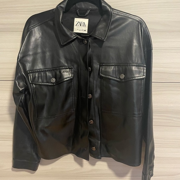 Zara Black Faux Leather Shirt Jacket - Picture 1 of 4